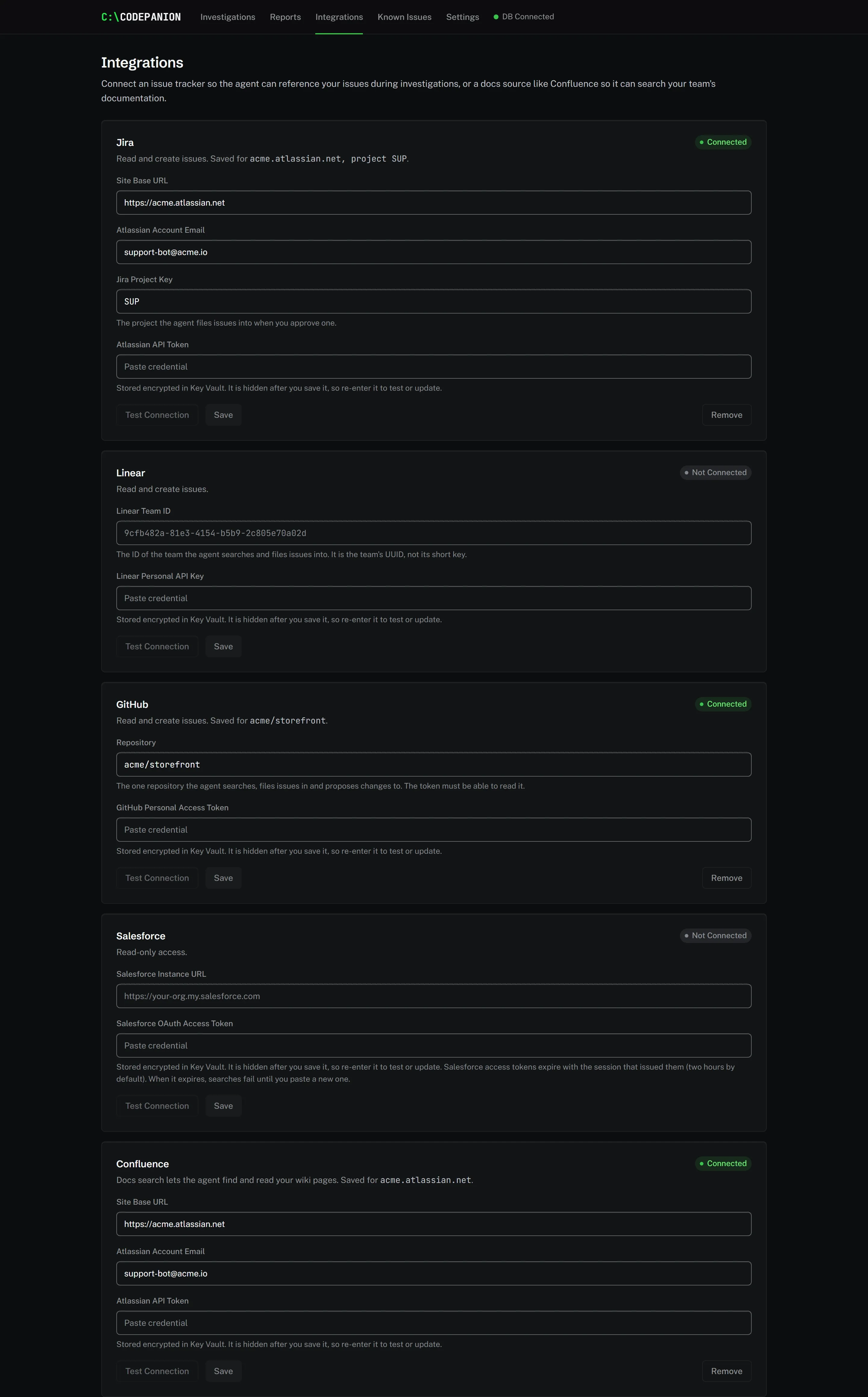 Screenshot of Issue trackers and docs sources. Connect your issue tracker and wiki: the agent searches both while it investigates, and files a follow-up issue only when you approve one.