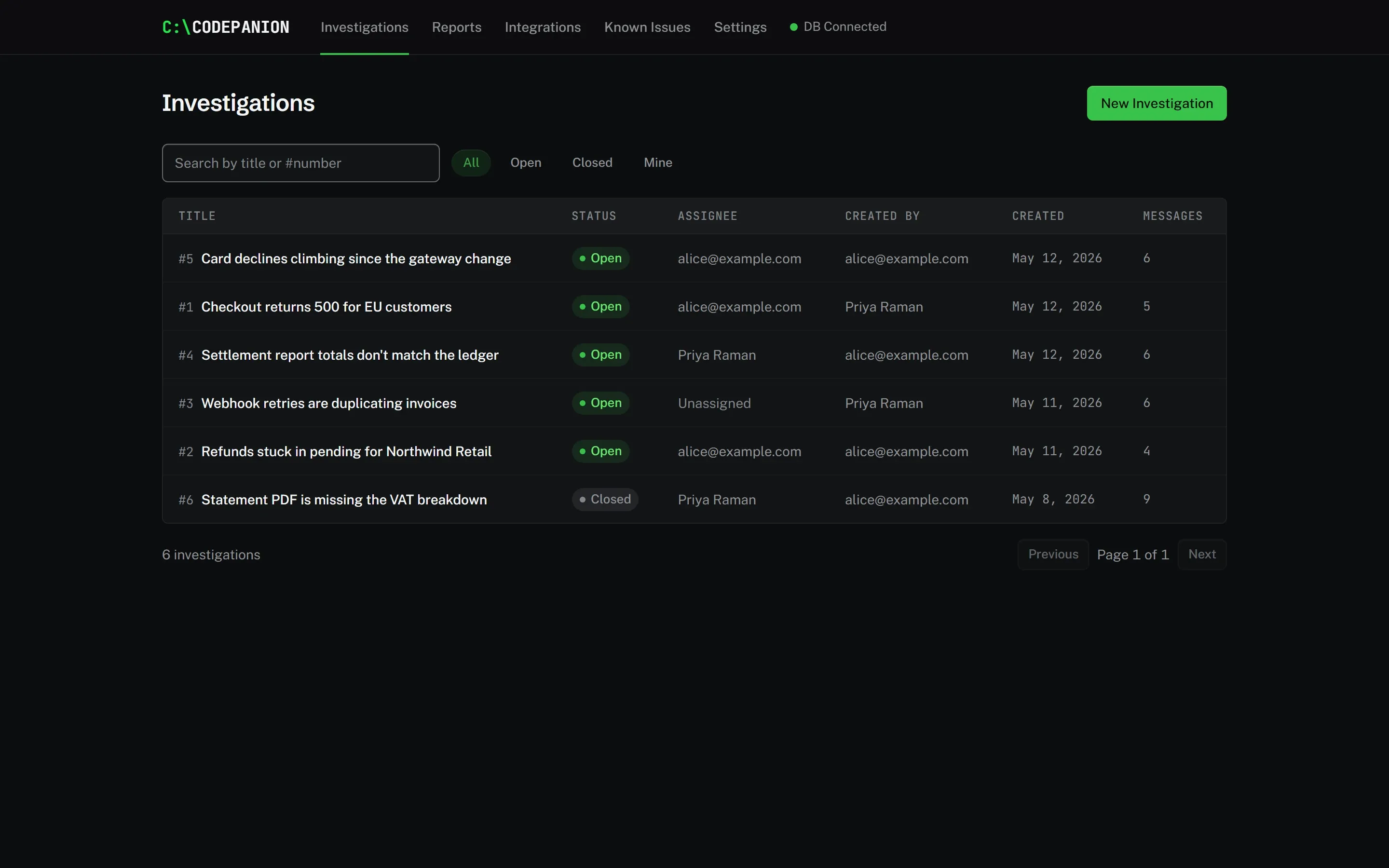 Screenshot of The investigation list. Every investigation your team has opened, newest first. Filter to the open ones, the closed ones, or yours.