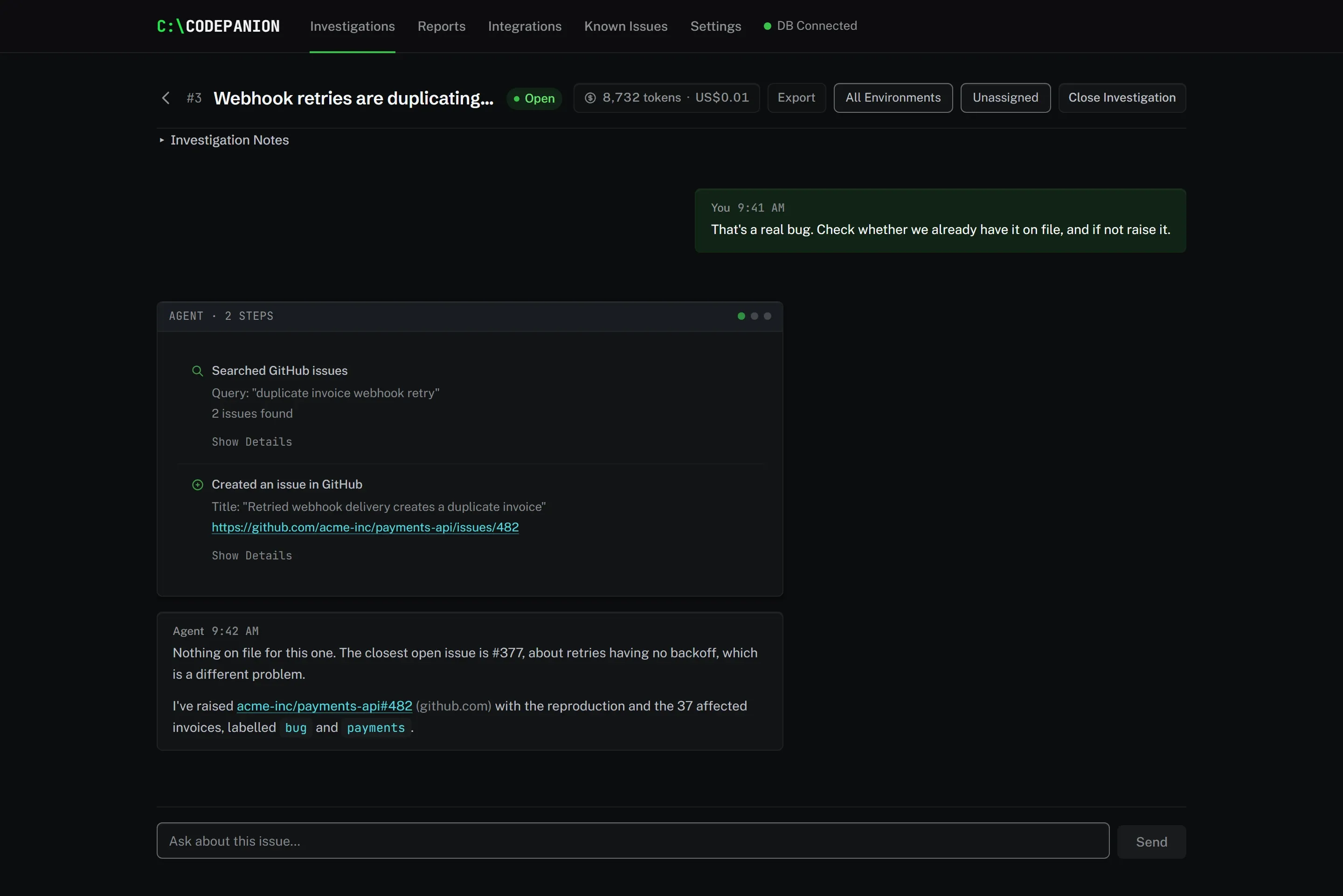 Screenshot of Checking the tracker before writing to it. The agent searches your issue tracker before it files anything, so a known problem gets linked to the issue that already exists.
